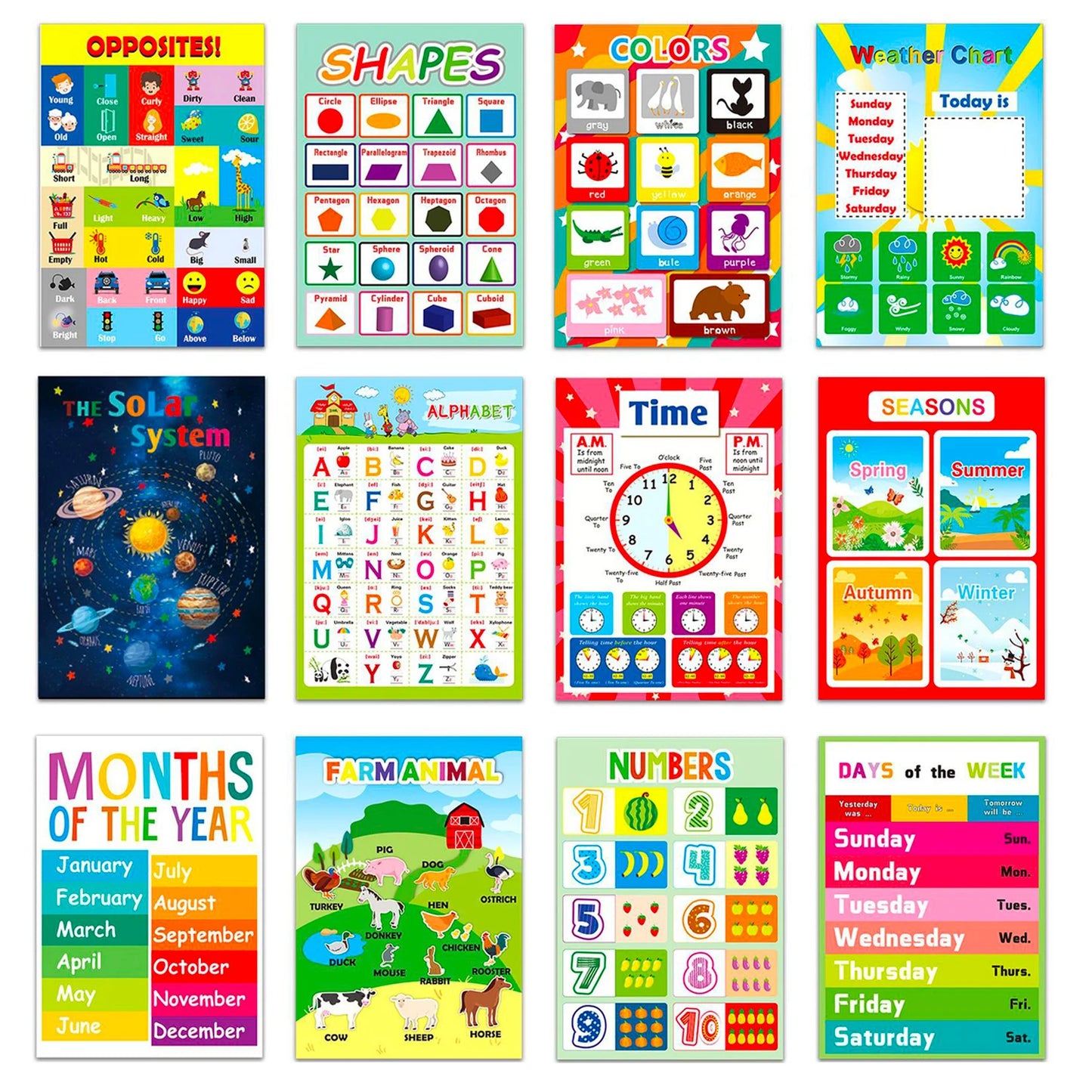 A3 Set English Learning Poster Colors Months Numbers Animals Alphabet Shapes Preschool Kindergarten Early Education Kids Posters - LearnPlay Labs