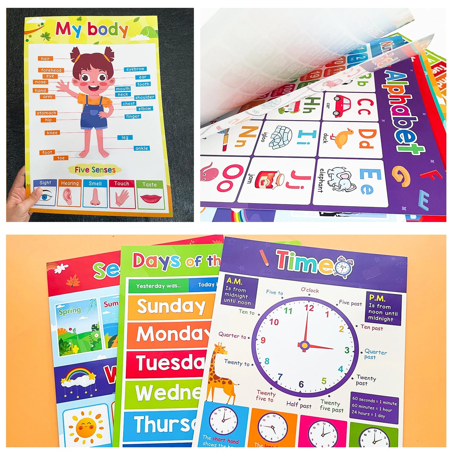 A3 Set English Learning Poster Colors Months Numbers Animals Alphabet Shapes Preschool Kindergarten Early Education Kids Posters - LearnPlay Labs