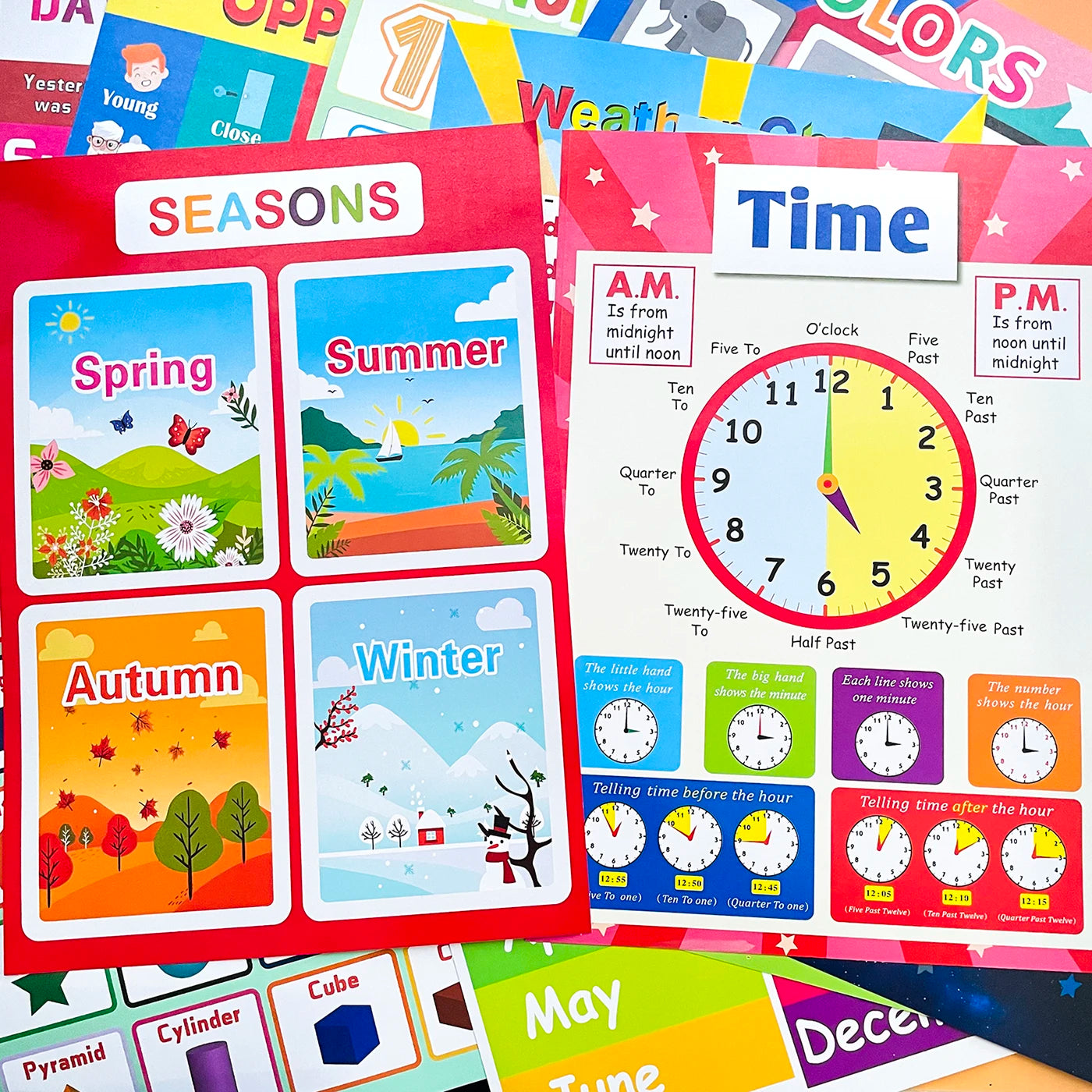 A3 Set English Learning Poster Colors Months Numbers Animals Alphabet Shapes Preschool Kindergarten Early Education Kids Posters - LearnPlay Labs