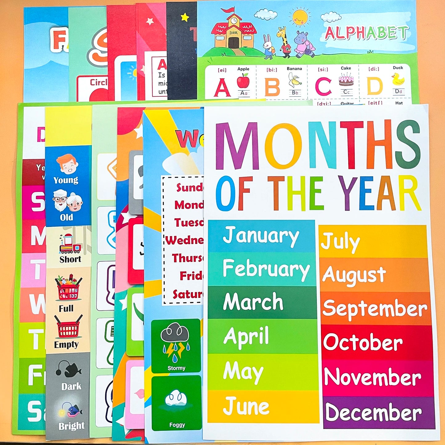 A3 Set English Learning Poster Colors Months Numbers Animals Alphabet Shapes Preschool Kindergarten Early Education Kids Posters - LearnPlay Labs