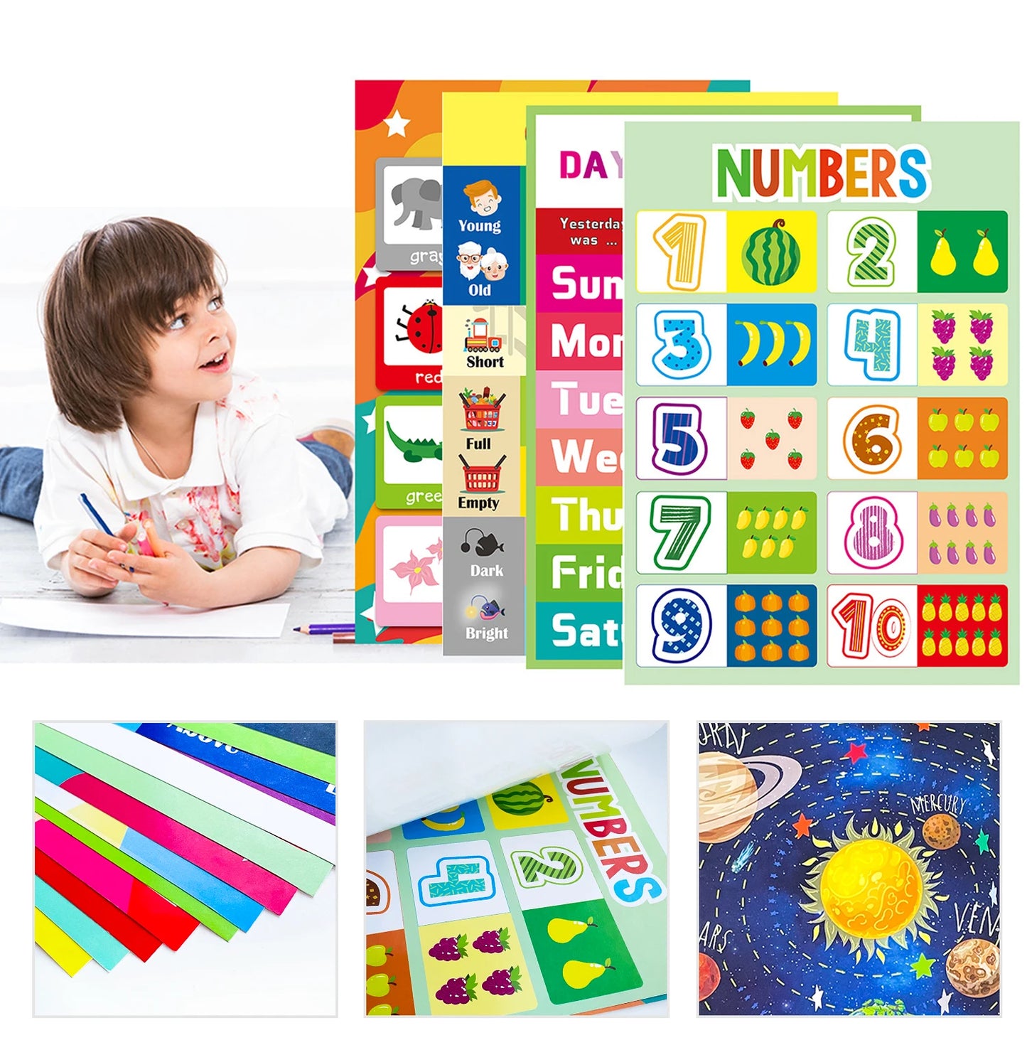 A3 Set English Learning Poster Colors Months Numbers Animals Alphabet Shapes Preschool Kindergarten Early Education Kids Posters - LearnPlay Labs