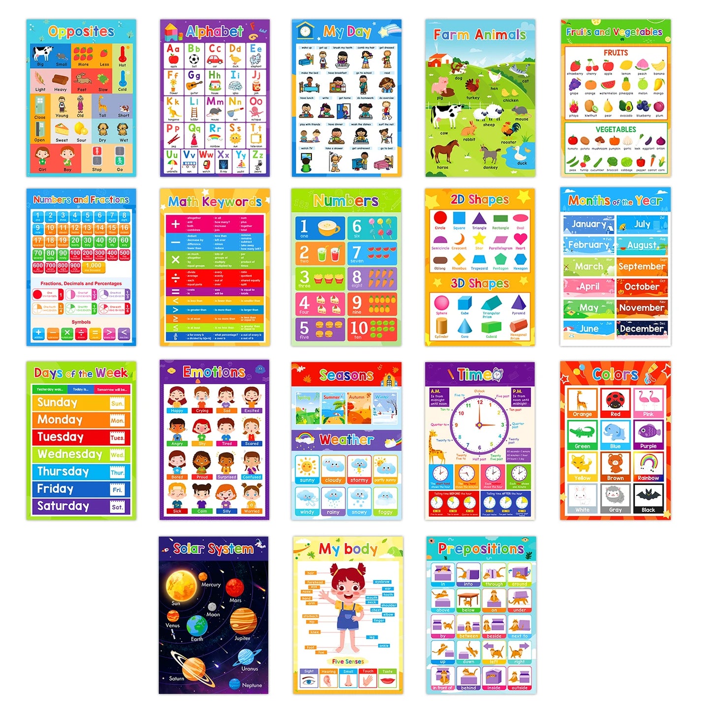 1 Set Classroom Decor 18 Themes Kid English A3 Big Cards ABC Letter/Animal/Numbers/Weather Learning Chart Kindergarten Supplies - LearnPlay Labs
