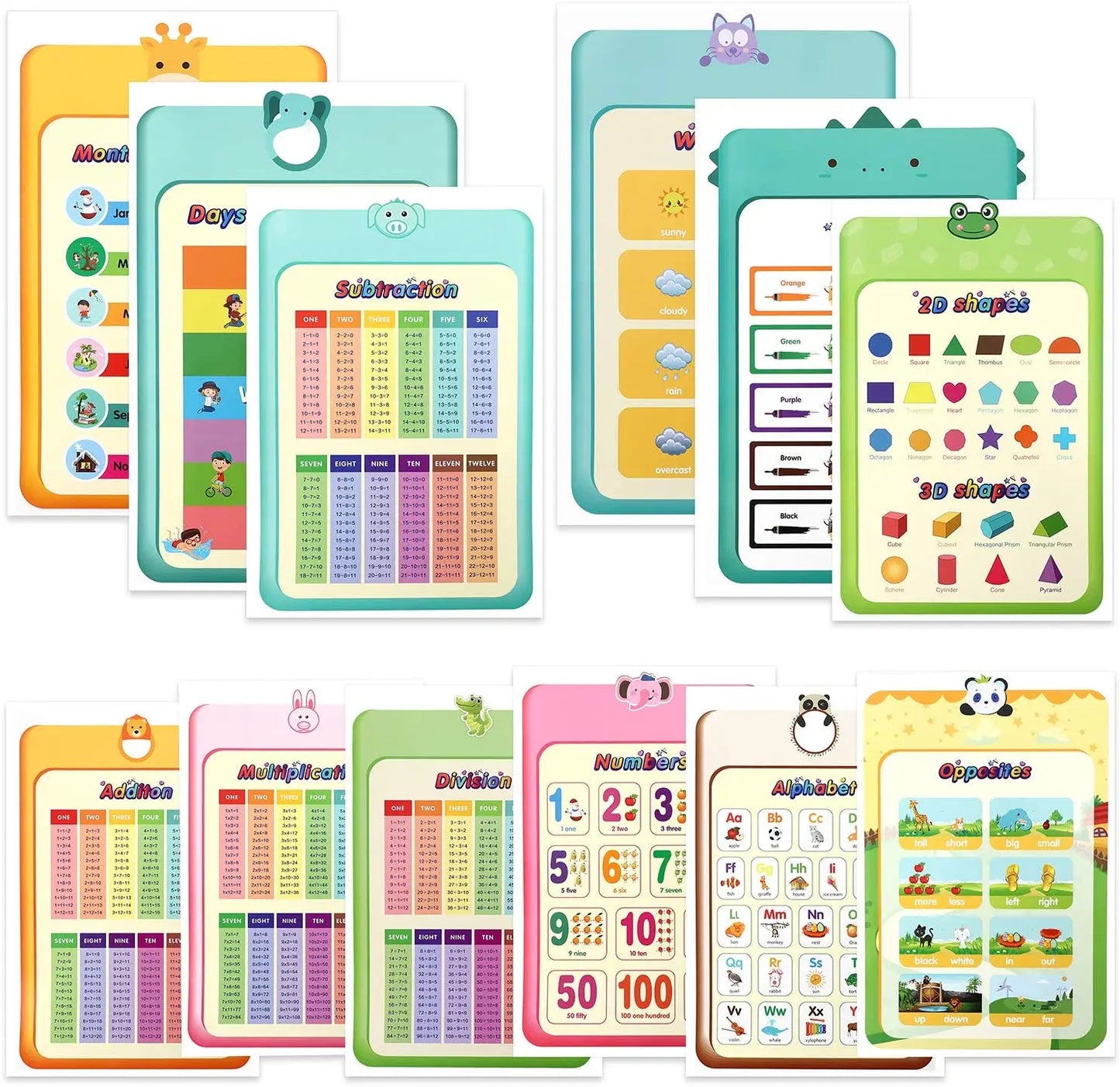A3 Set English Learning Poster Colors Months Numbers Animals Alphabet Shapes Preschool Kindergarten Early Education Kids Posters - LearnPlay Labs