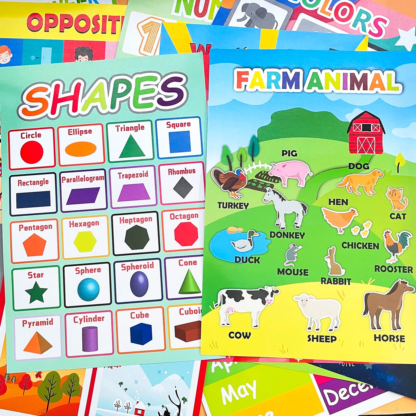 A3 Set English Learning Poster Colors Months Numbers Animals Alphabet Shapes Preschool Kindergarten Early Education Kids Posters - LearnPlay Labs