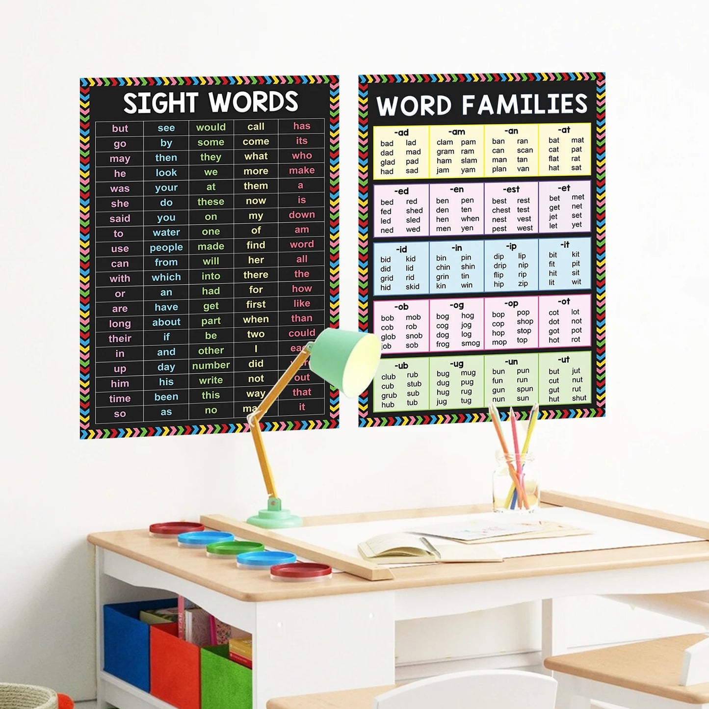 2 Pcs/Set English Sight Words Word Families Learning Poster Kids Early Educational Charts Kindergarten Layout Classroom Supplies - LearnPlay Labs