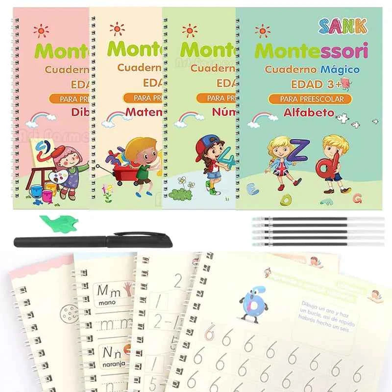 4 books together - Spanish Magic Books Learning Lettering In Tracing Workbook for Kids Reusable Notebooks for Children Spanish Montessori Writing