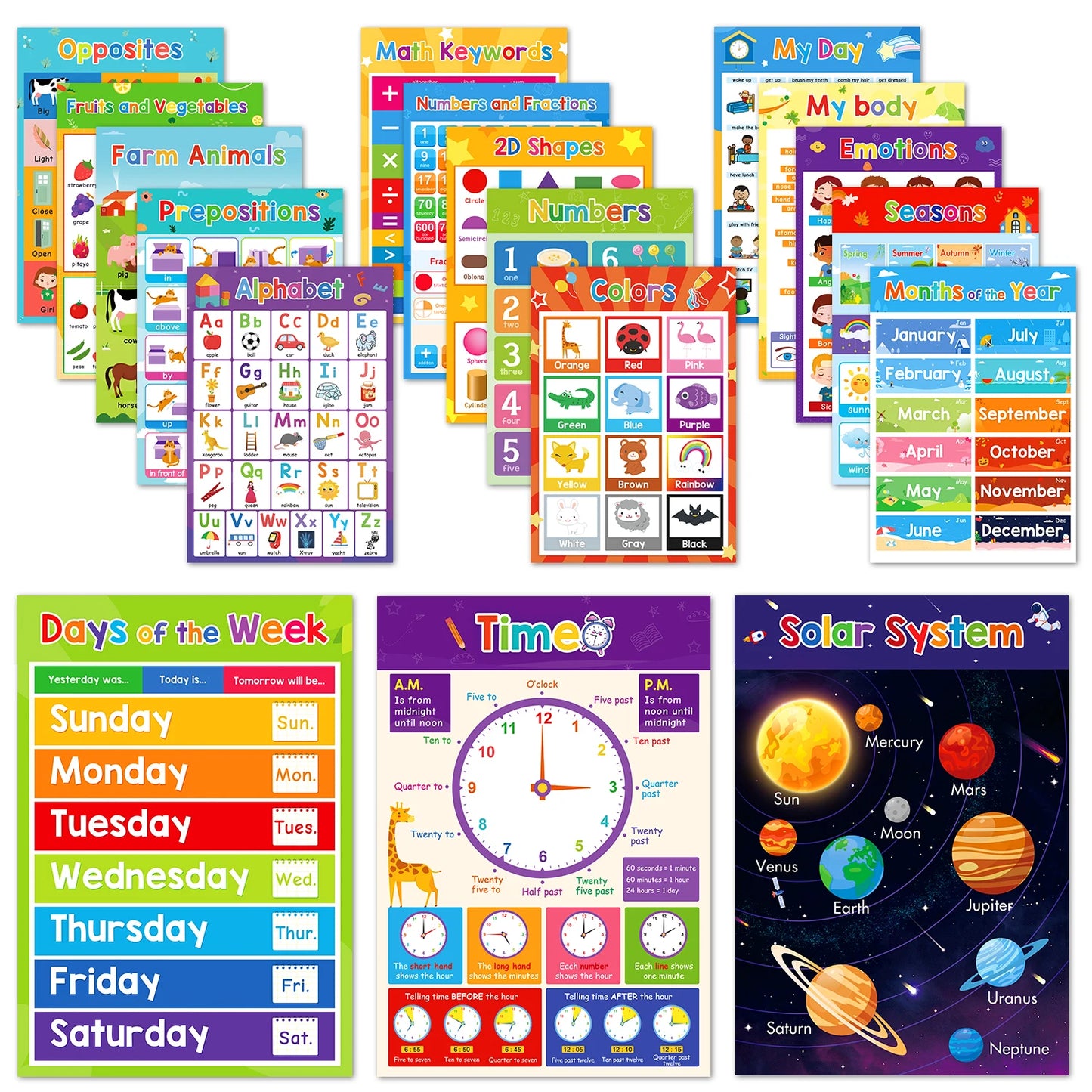 1 Set Classroom Decor 18 Themes Kid English A3 Big Cards ABC Letter/Animal/Numbers/Weather Learning Chart Kindergarten Supplies - LearnPlay Labs