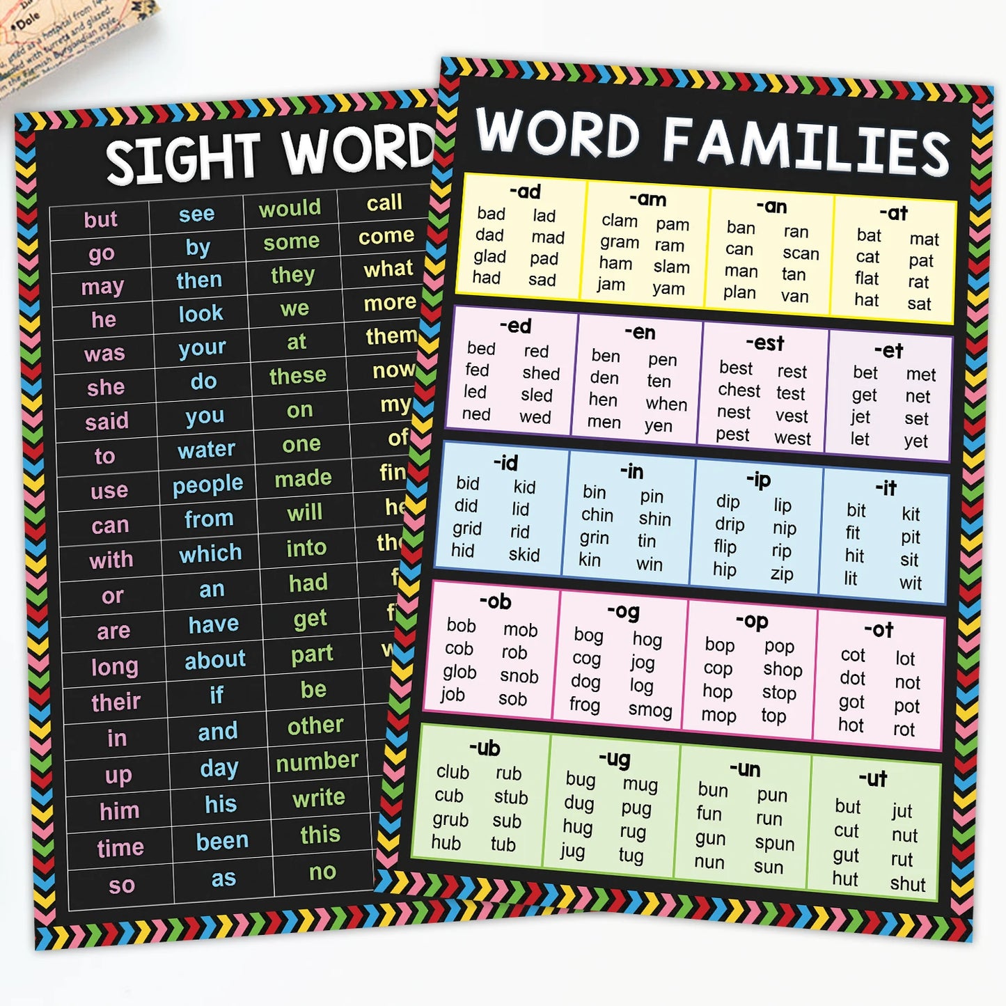 2 Pcs/Set English Sight Words Word Families Learning Poster Kids Early Educational Charts Kindergarten Layout Classroom Supplies - LearnPlay Labs