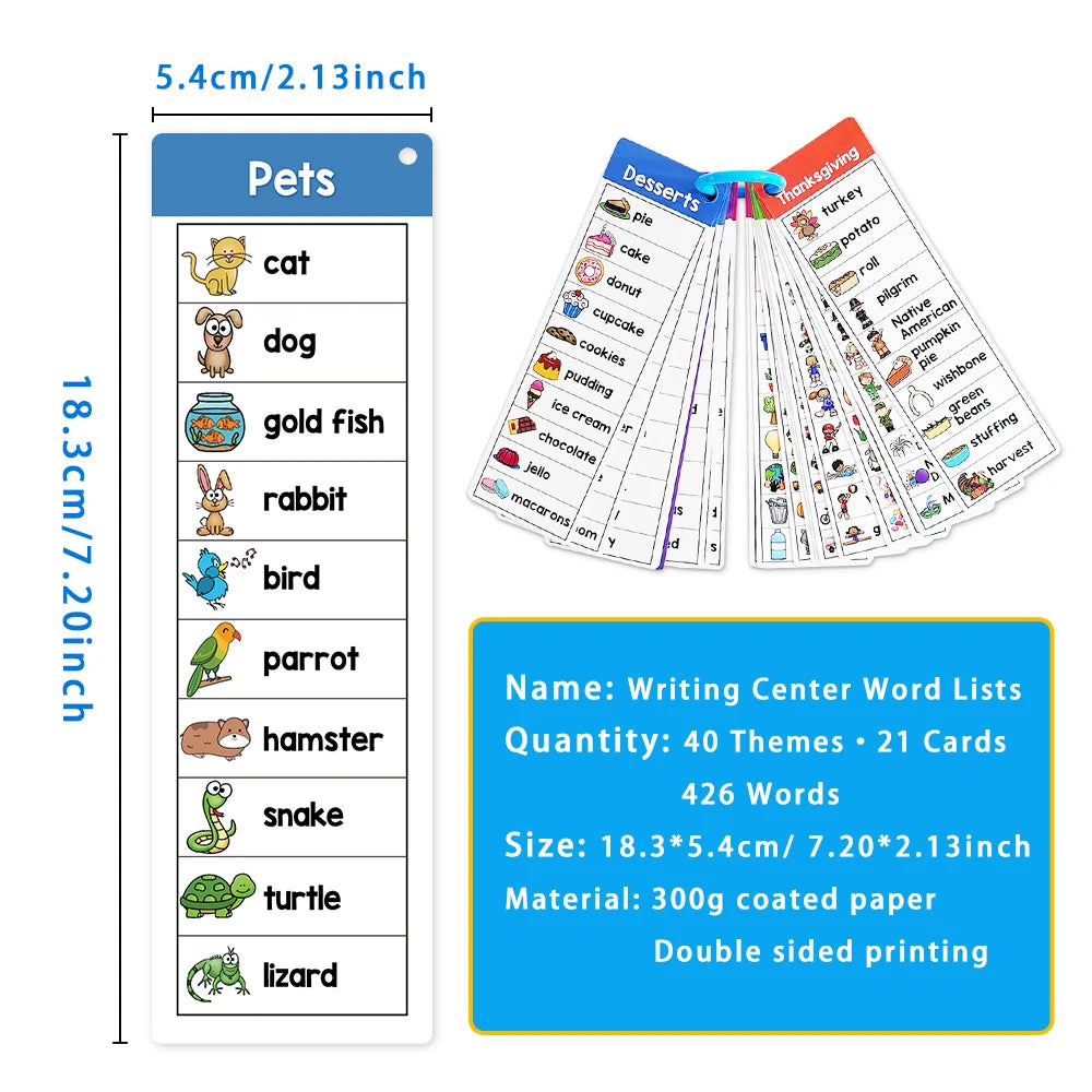 40 Themes Writing Center Word Lists Cards Sight Words Vocabulary Building Kids Montessori Learning Flash Cards Teaching Aids - LearnPlay Labs