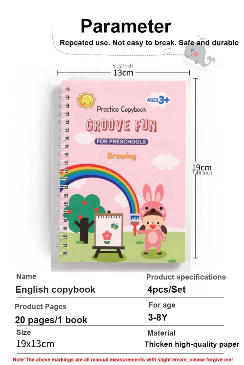 4 Practice Copy Books Children's Toy Writing Reusable Free Wiping English French Arabic Verison Option Writing Magic Copybooks