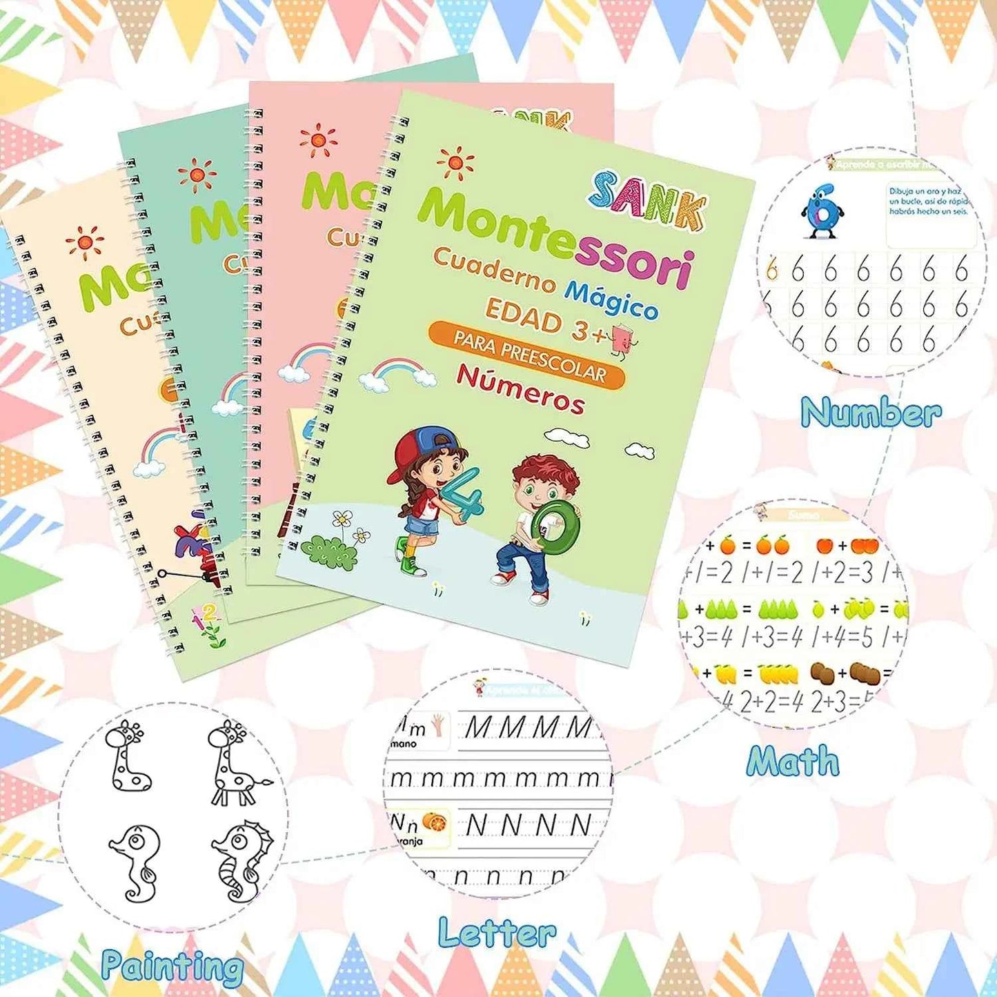 4 Books Magic Writing Book in Spanish Calligraphy Notebook Montessori Kids Reusable Educational Calligraphic Letter Practice Toy