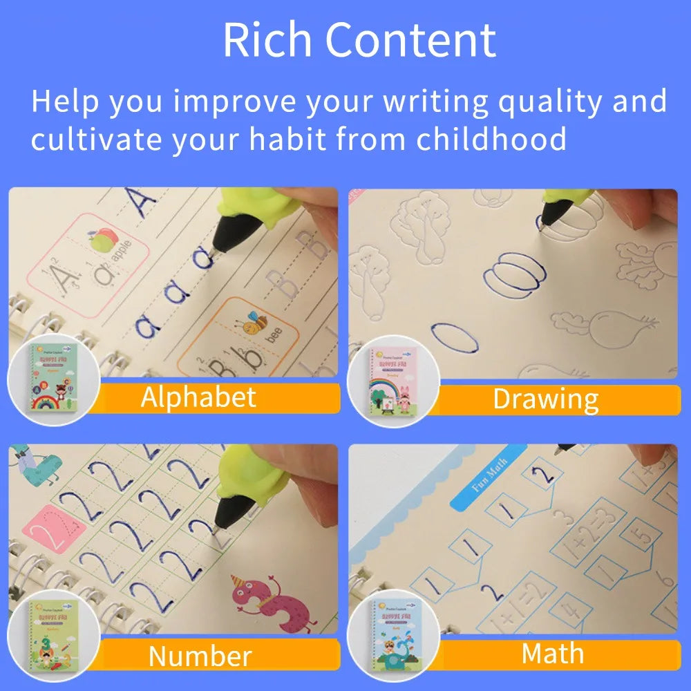 4 Practice Copy Books Children's Toy Writing Reusable Free Wiping English French Arabic Verison Option Writing Magic Copybooks