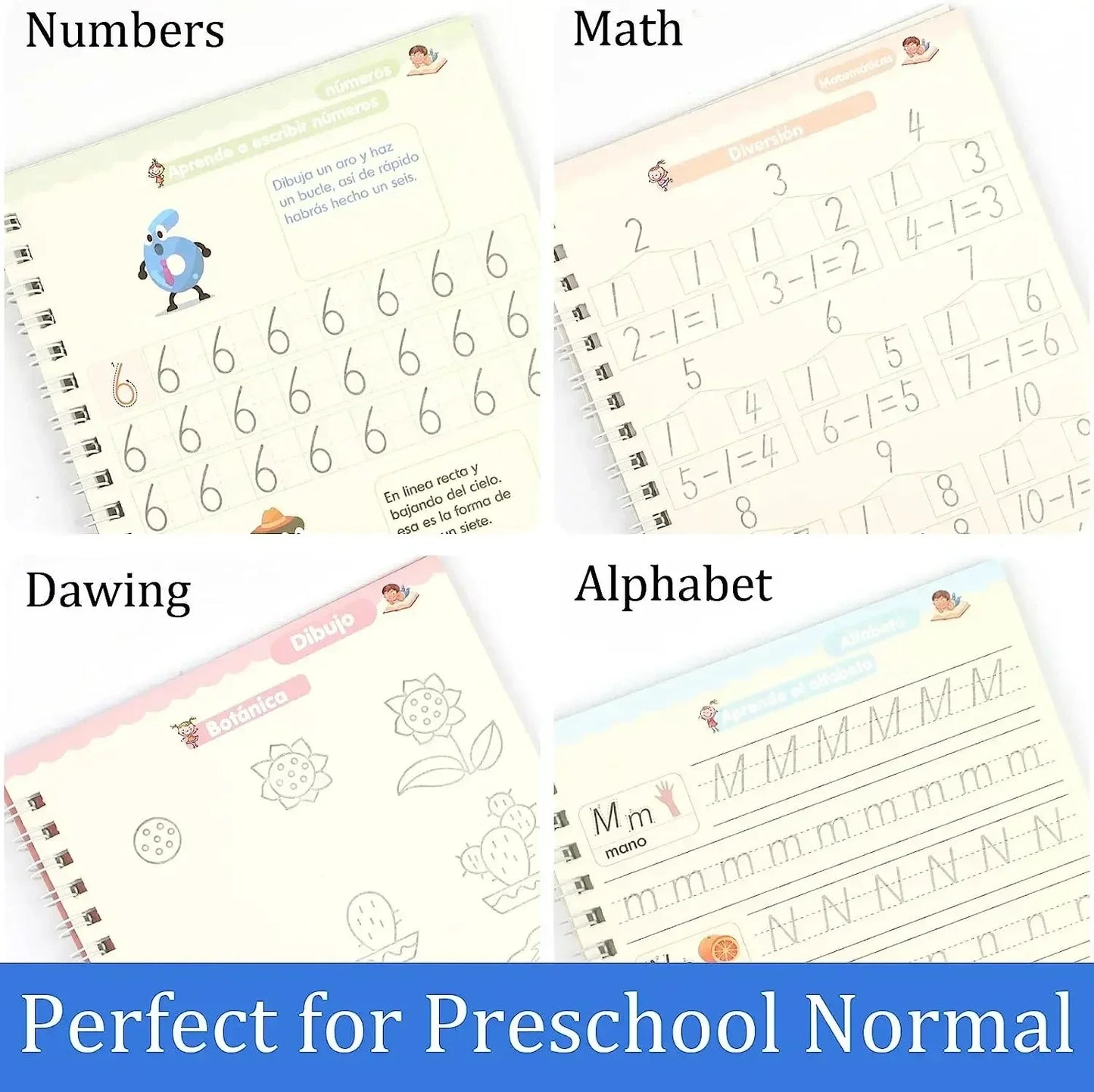 4pcs Portuguese Magic Practice Copybook Pen Preschools Kids Calligraphy Notebook Children Reusable Writing Book Age 3-8