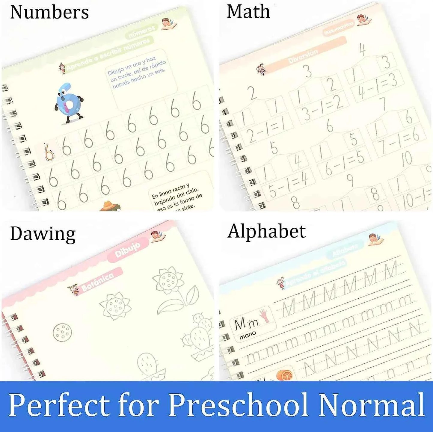 4 books together - Spanish Magic Books Learning Lettering In Tracing Workbook for Kids Reusable Notebooks for Children Spanish Montessori Writing