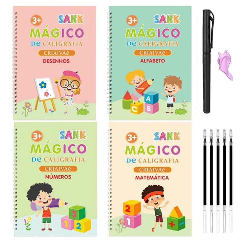 4pcs Magic Practice Copybook Pen Preschools Kids Calligraphy Portuguese Verison Free Wiping Children Reusable Writing Book