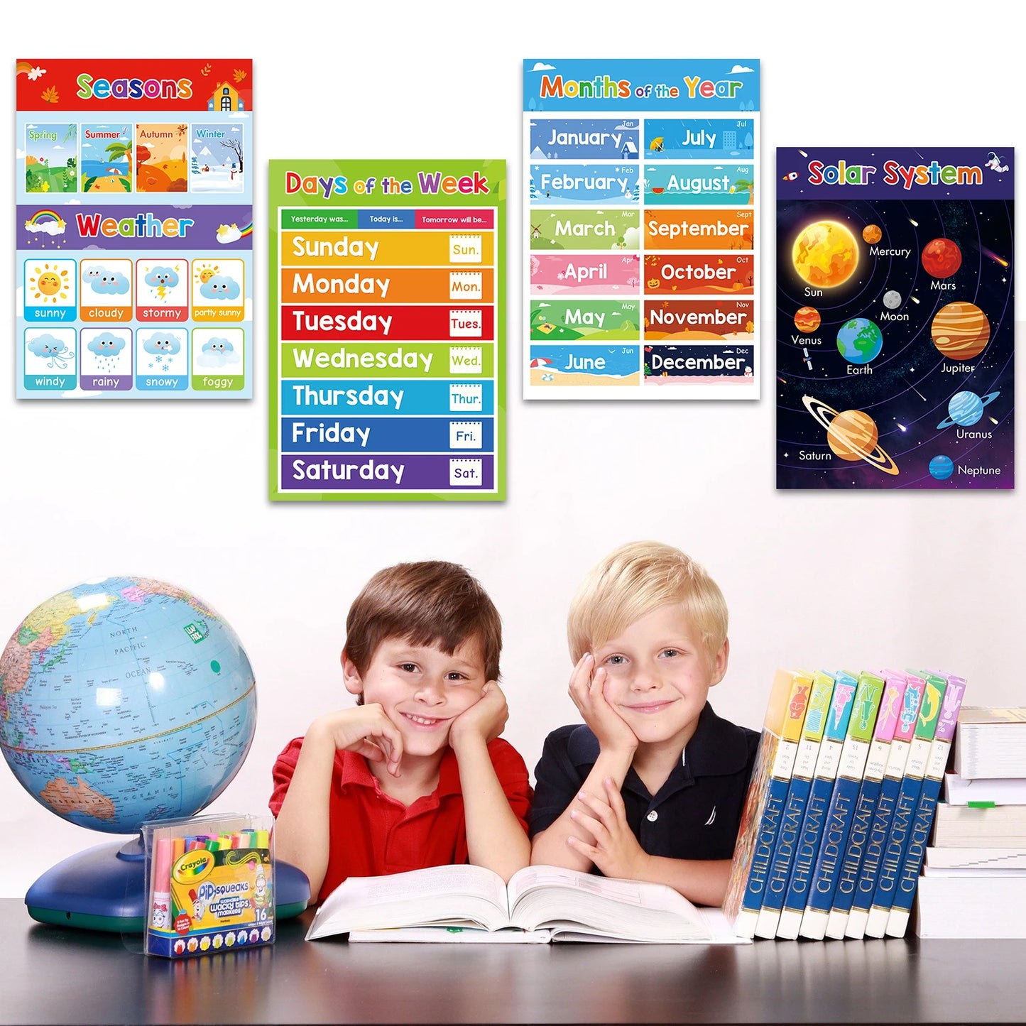 A3 Set English Learning Poster Colors Months Numbers Animals Alphabet Shapes Preschool Kindergarten Early Education Kids Posters - LearnPlay Labs