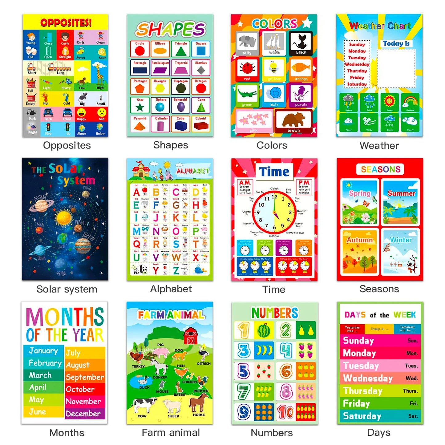 A3 Set English Learning Poster Colors Months Numbers Animals Alphabet Shapes Preschool Kindergarten Early Education Kids Posters - LearnPlay Labs