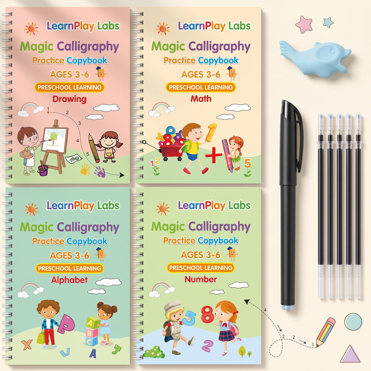 Reusable 4-Book Handwriting & Language Practice Set for Kids