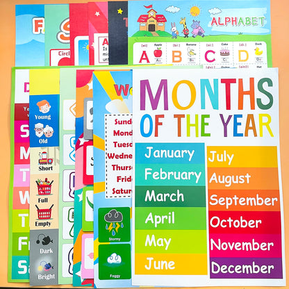 A3 Set English Learning Poster Colors Months Numbers Animals Alphabet Shapes Preschool Kindergarten Early Education Kids Posters - LearnPlay Labs