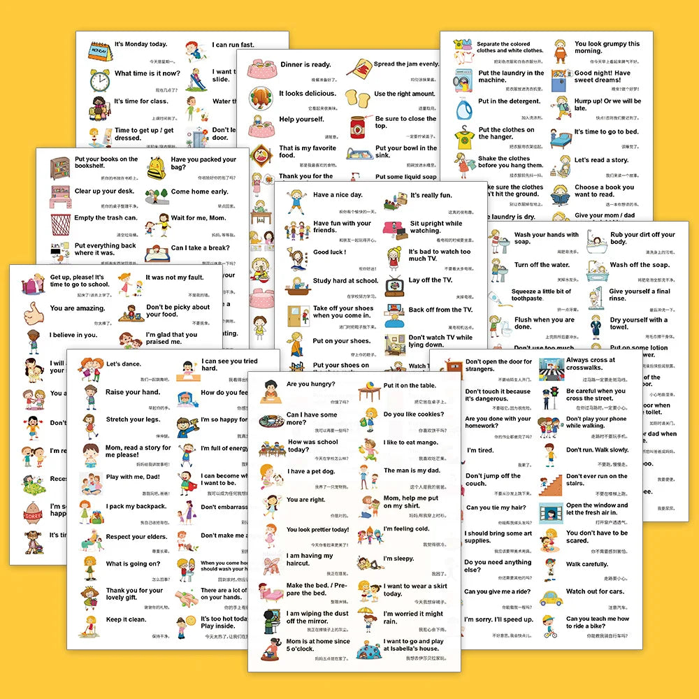 200 Family Daily Routines Sentences Common English Chinese Situational Early Childhood Education Sticker Label for Kids Decor - LearnPlay Labs