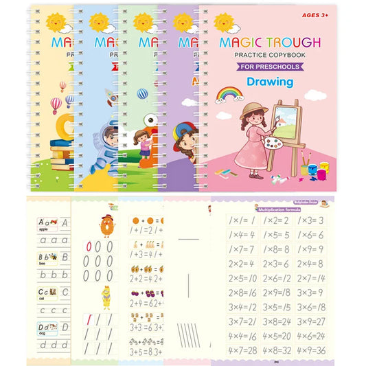 5 Books/set Children's Reusable Exercise Book Magic Calligraphy Number Letterspainting Multiplication and Division Exercise Math