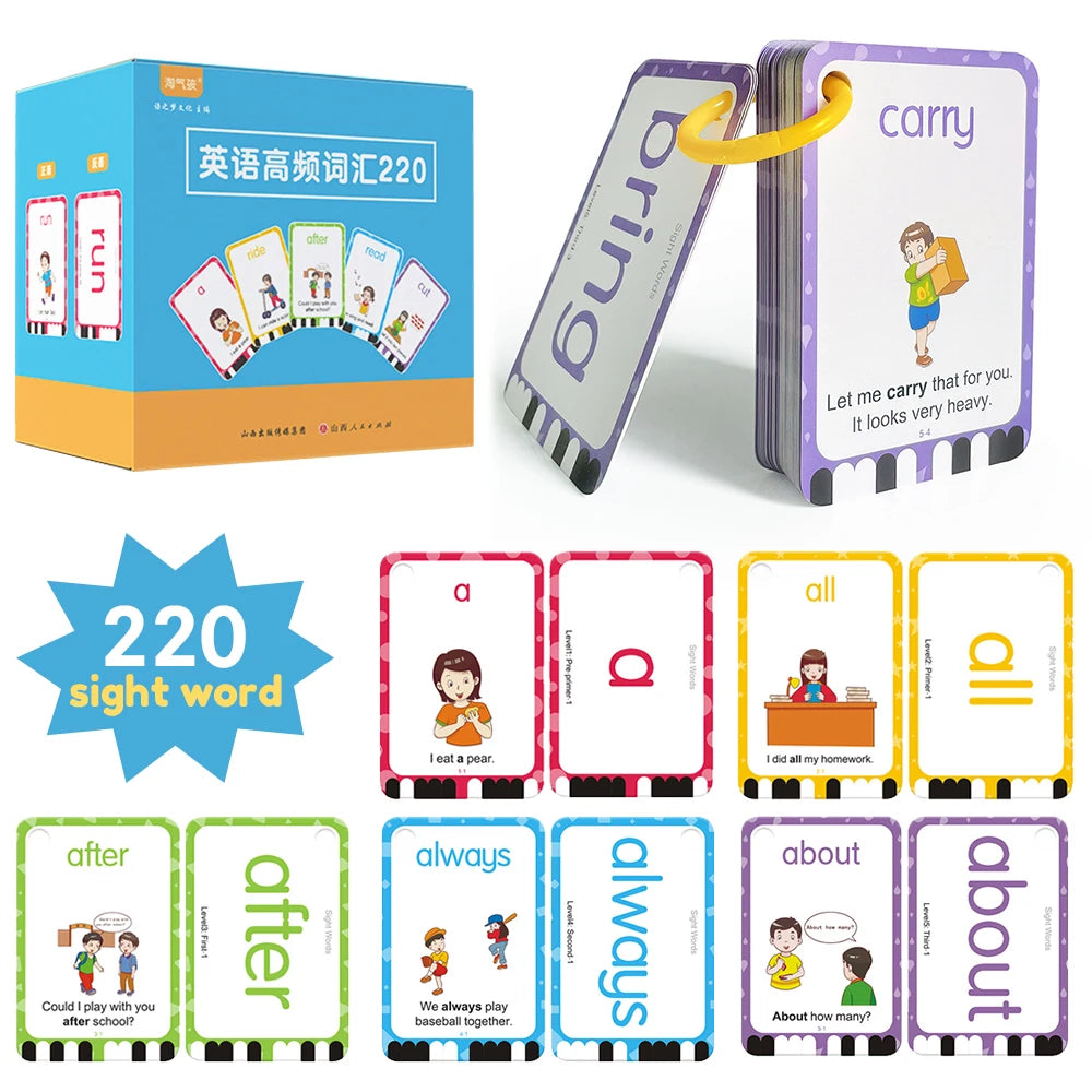 220 Cards Sight Words Flashcards with Pictures & Sentences, 5 Levels High Frequency Words, Vocabulary Building, Montessori - LearnPlay Labs