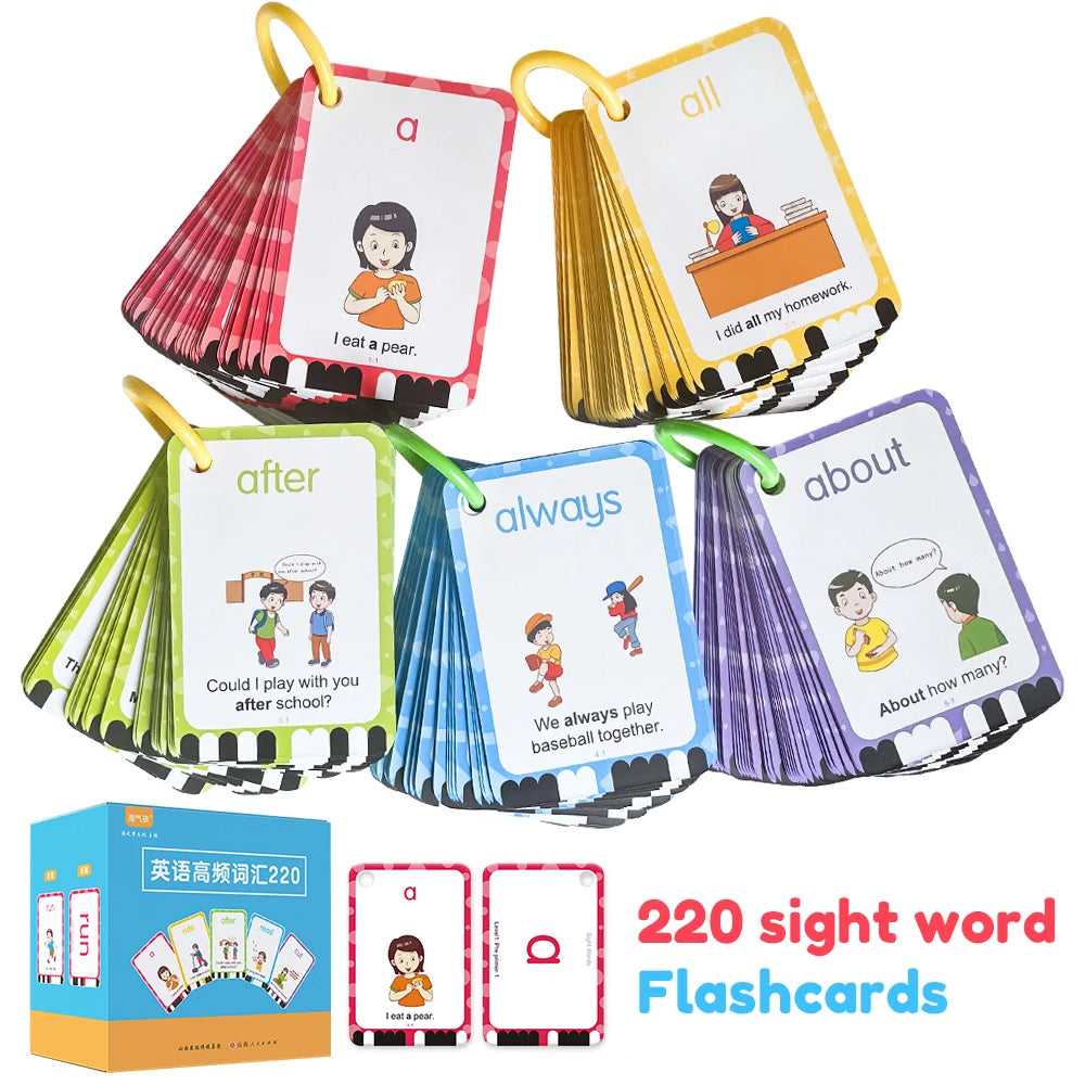 220 Cards Sight Words Flashcards with Pictures & Sentences, 5 Levels High Frequency Words, Vocabulary Building, Montessori - LearnPlay Labs