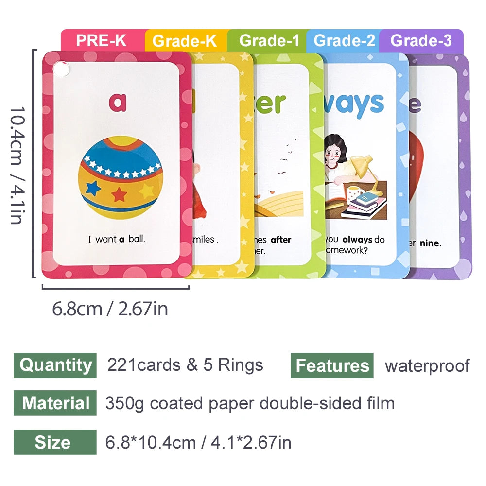 220 Cards Sight Words Flashcards with Pictures & Sentences, 5 Levels High Frequency Words, Vocabulary Building, Montessori - LearnPlay Labs