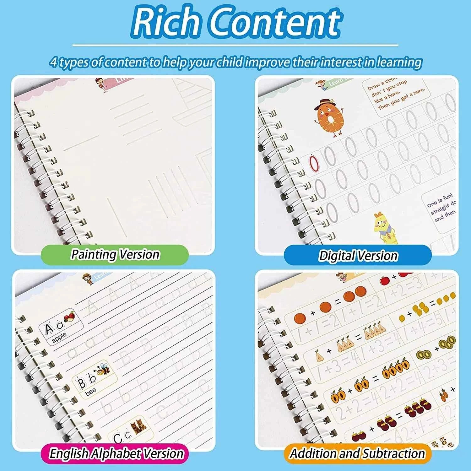 2025 4 Books/set English Sank Magic Practice Copybook French Number Tracing Book German Calligraphy Spanish Reusable Writing Tool
