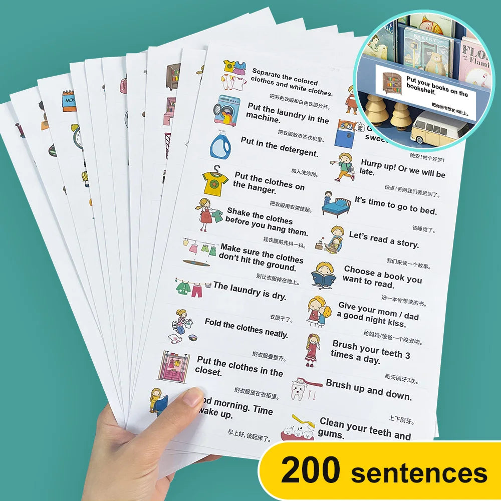 200 Family Daily Routines Sentences Common English Chinese Situational Early Childhood Education Sticker Label for Kids Decor - LearnPlay Labs