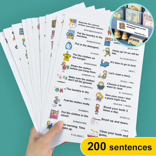 200 Family Daily Routines Sentences Common English Chinese Situational Early Childhood Education Sticker Label for Kids Decor - LearnPlay Labs